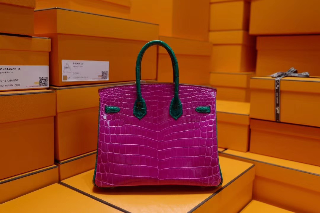 VIP定制: Birkin25cm 天方夜谭紫色拼翡翠绿色 二点亮面鳄鱼皮 金扣