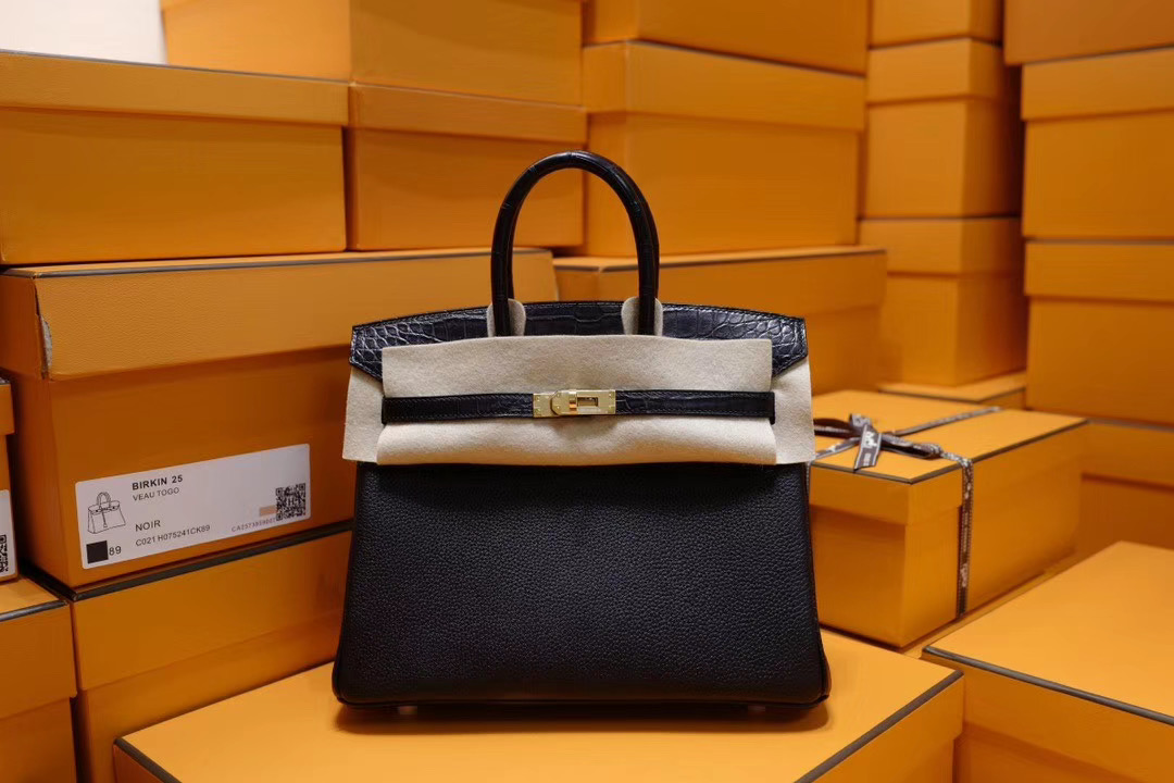 Vip一级品：Hermes Birkin25 黑色鳄鱼拼黑色Togo金扣