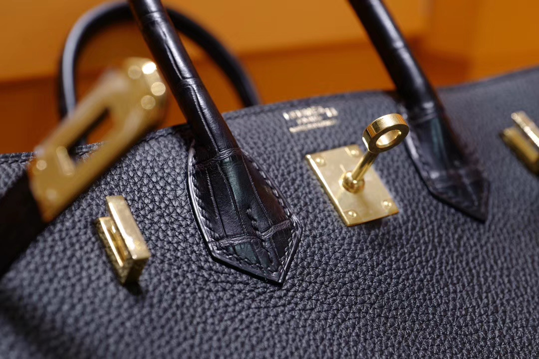 Vip一级品：Hermes Birkin25 黑色鳄鱼拼黑色Togo金扣