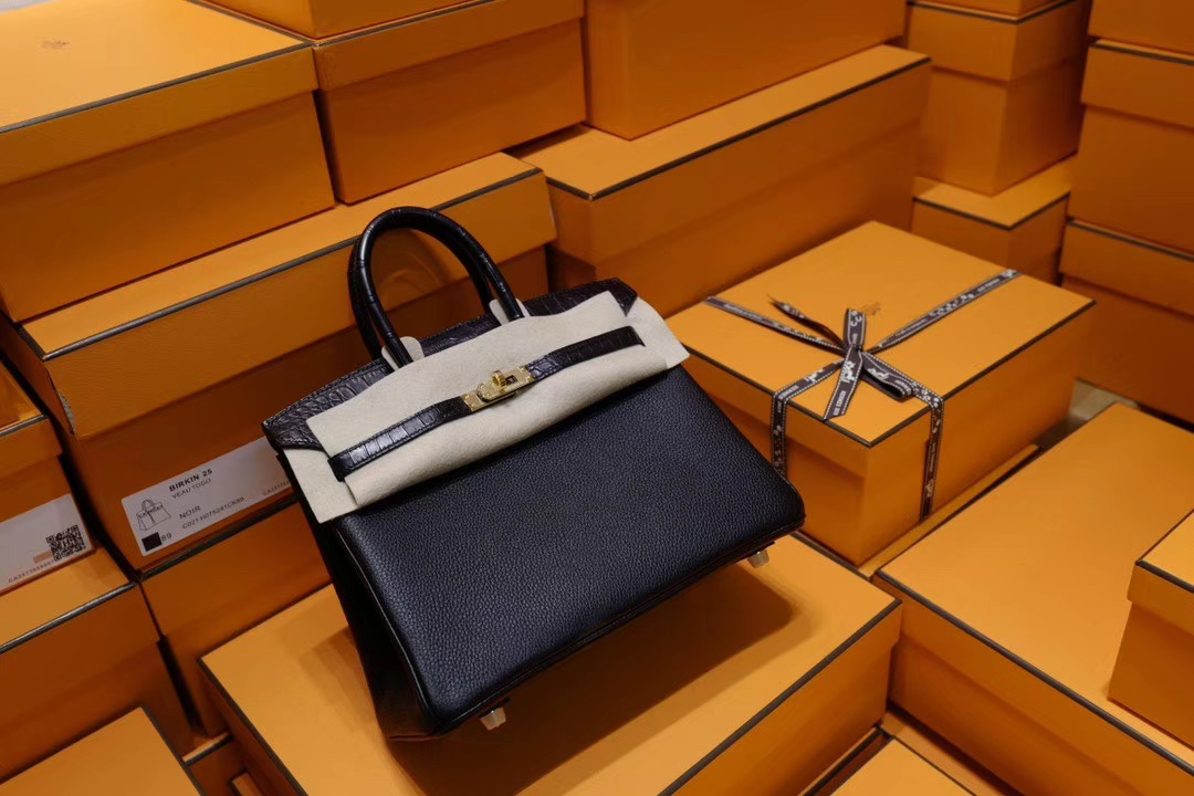 Vip一级品：Hermes Birkin25 黑色鳄鱼拼黑色Togo金扣