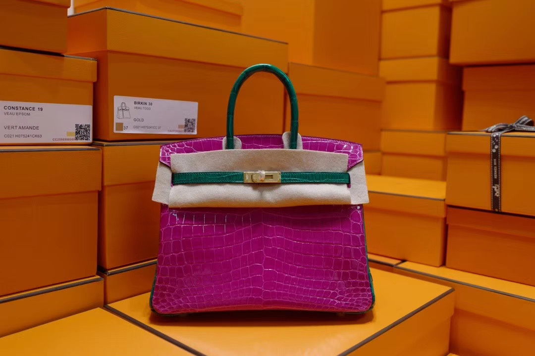 VIP定制: Birkin25cm 天方夜谭紫色拼翡翠绿色 二点亮面鳄鱼皮 金扣