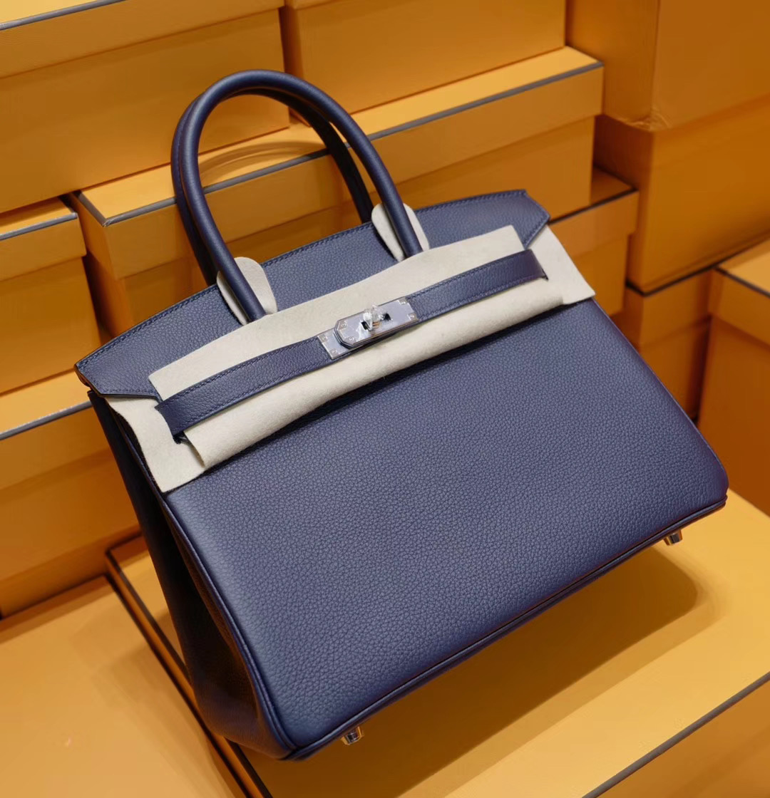 爱马仕包包官网 Birkin30cm 夜空蓝togo内拼橙色内里 银扣