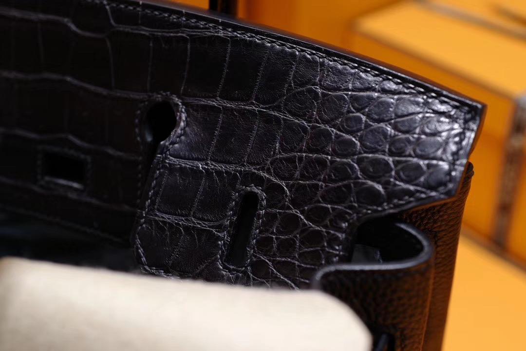 Vip一级品：Hermes Birkin25 黑色鳄鱼拼黑色Togo金扣