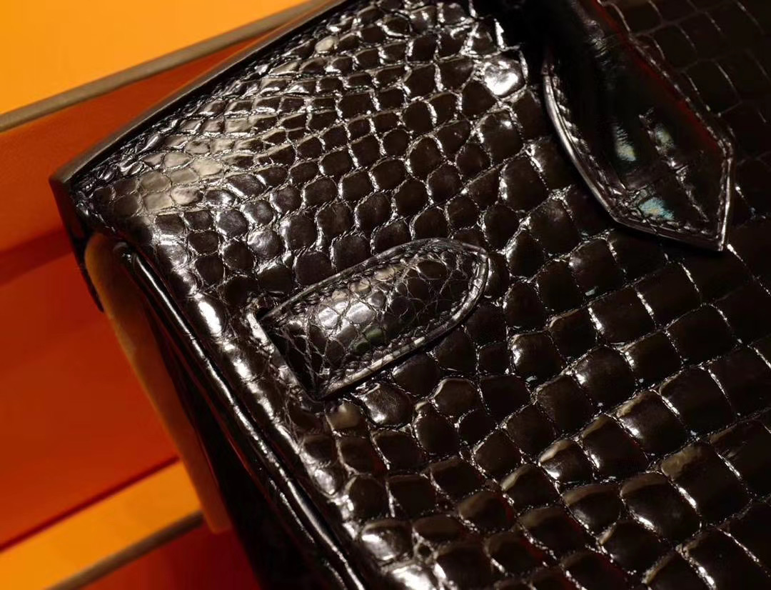 爱马仕 Hermes Birkin 30CM 野生黑色亮面鳄鱼 倒V 金扣