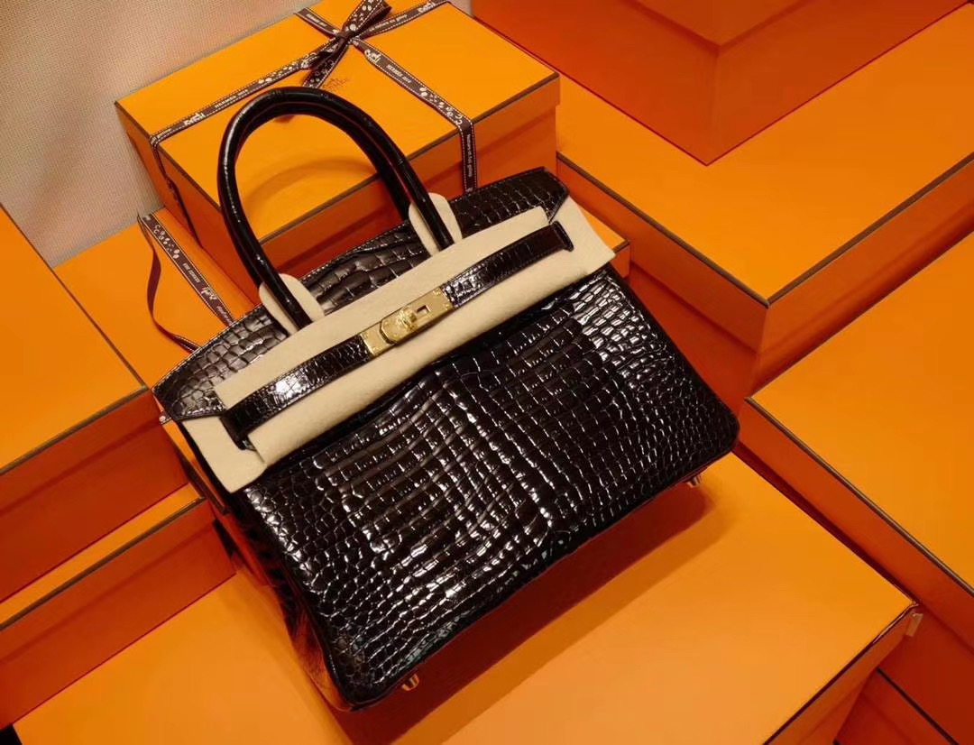 爱马仕 Hermes Birkin 30CM 野生黑色亮面鳄鱼 倒V 金扣