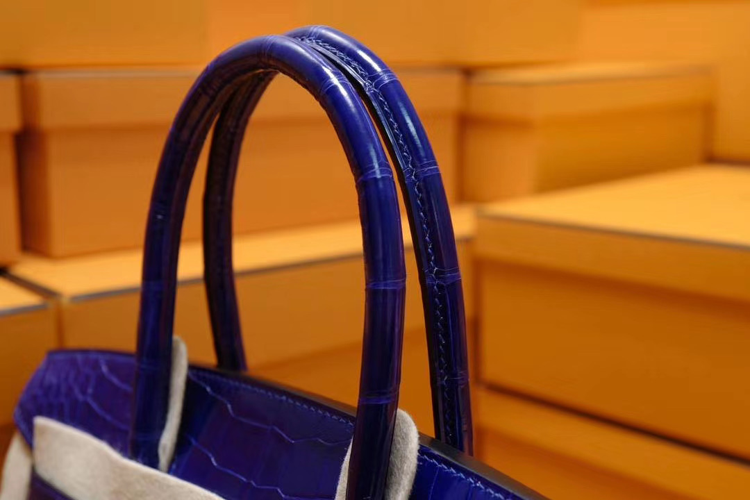 法国退休工匠纯手工: Hermes Birkin 30CM 正品AA级7T电光蓝亮面野生鳄鱼皮 银扣 蓝色系中最美的蓝色
