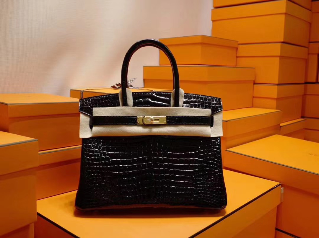 爱马仕 Hermes Birkin 30CM 野生黑色亮面鳄鱼 倒V 金扣