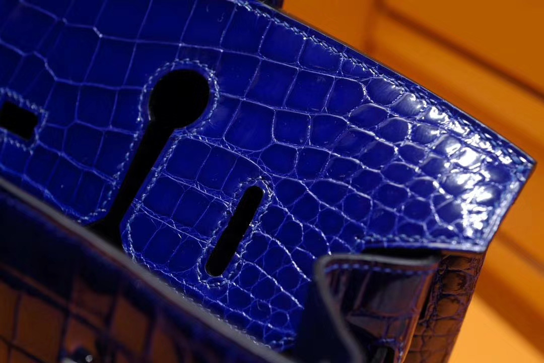 法国退休工匠纯手工: Hermes Birkin 30CM 正品AA级7T电光蓝亮面野生鳄鱼皮 银扣 蓝色系中最美的蓝色