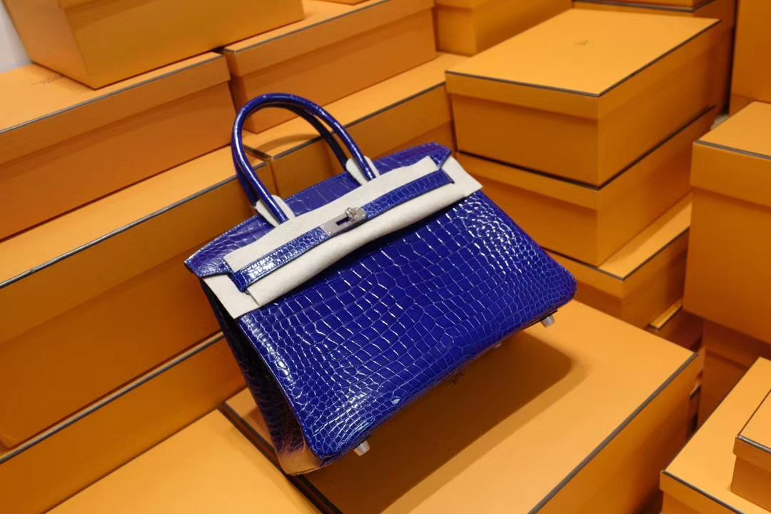 法国退休工匠纯手工: Hermes Birkin 30CM 正品AA级7T电光蓝亮面野生鳄鱼皮 银扣 蓝色系中最美的蓝色