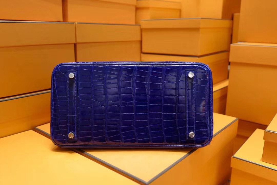 法国退休工匠纯手工: Hermes Birkin 30CM 正品AA级7T电光蓝亮面野生鳄鱼皮 银扣 蓝色系中最美的蓝色