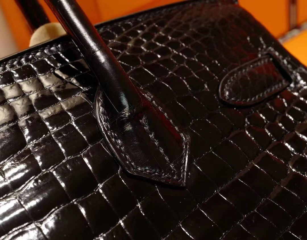 爱马仕 Hermes Birkin 30CM 野生黑色亮面鳄鱼 倒V 金扣