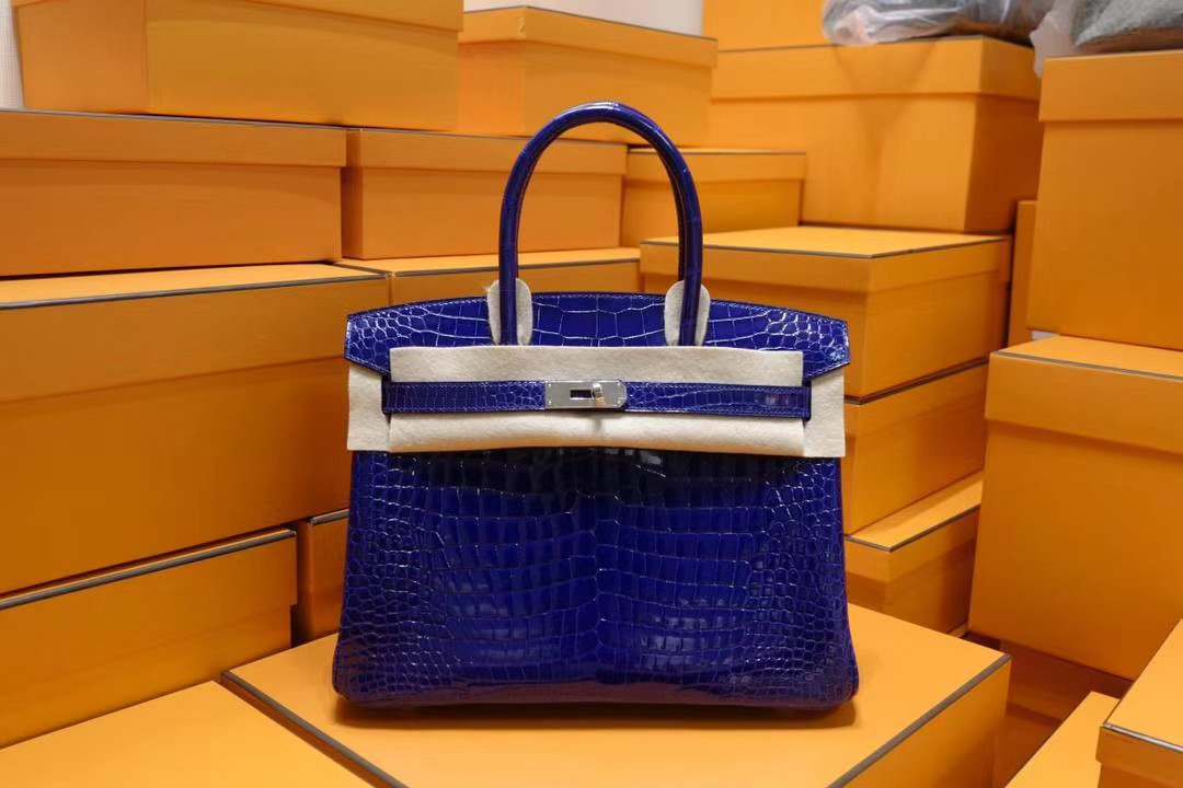 法国退休工匠纯手工: Hermes Birkin 30CM 正品AA级7T电光蓝亮面野生鳄鱼皮 银扣 蓝色系中最美的蓝色