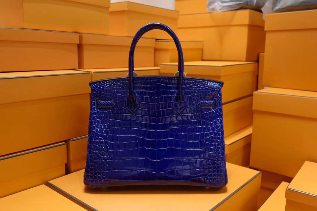法国退休工匠纯手工: Hermes Birkin 30CM 正品AA级7T电光蓝亮面野生鳄鱼皮 银扣 蓝色系中最美的蓝色