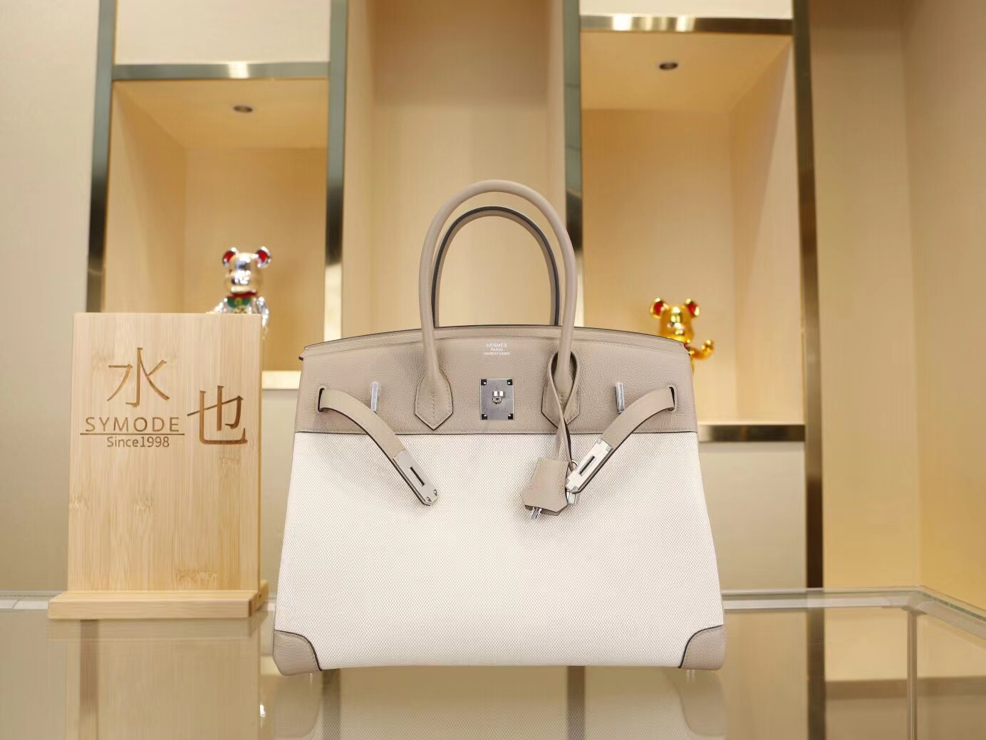 Hermes爱马仕新款帆布拼Togo皮斑鸠灰铂金包Birkin35CM 银扣