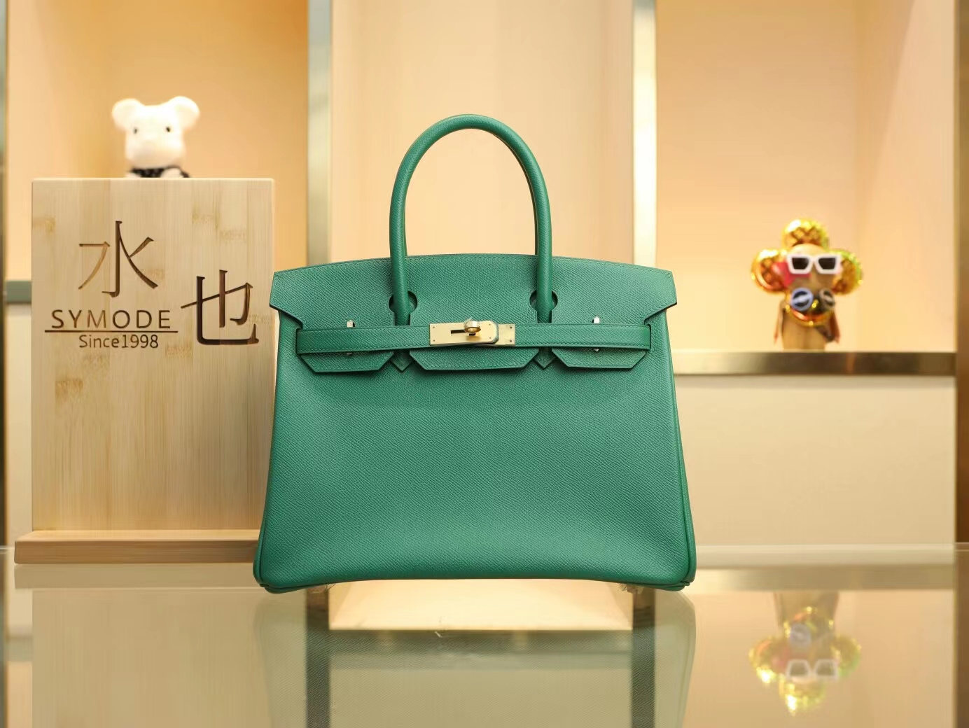 Hermes Birkin30CM 爱马仕u4丝绒绿epsom牛皮手提包铂金包 金扣