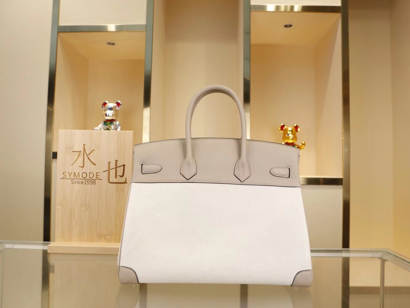 Hermes爱马仕新款帆布拼Togo皮斑鸠灰铂金包Birkin35CM 银扣