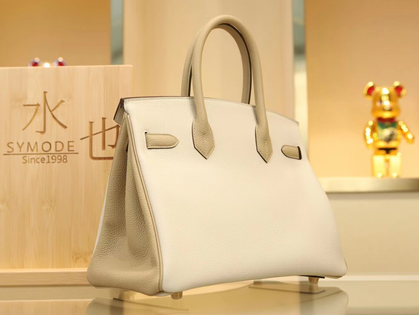 爱马仕拼色铂金包 Hermes Birkin30CM 奶昔白拼s2风衣灰togo牛皮 金扣