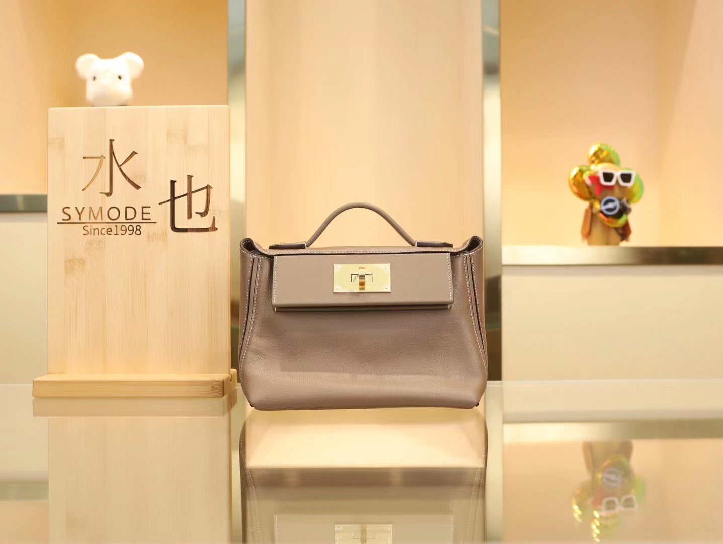 Hermes爱马仕 mini 2424 大象灰 evercolor拼swift皮手提包 金扣银扣