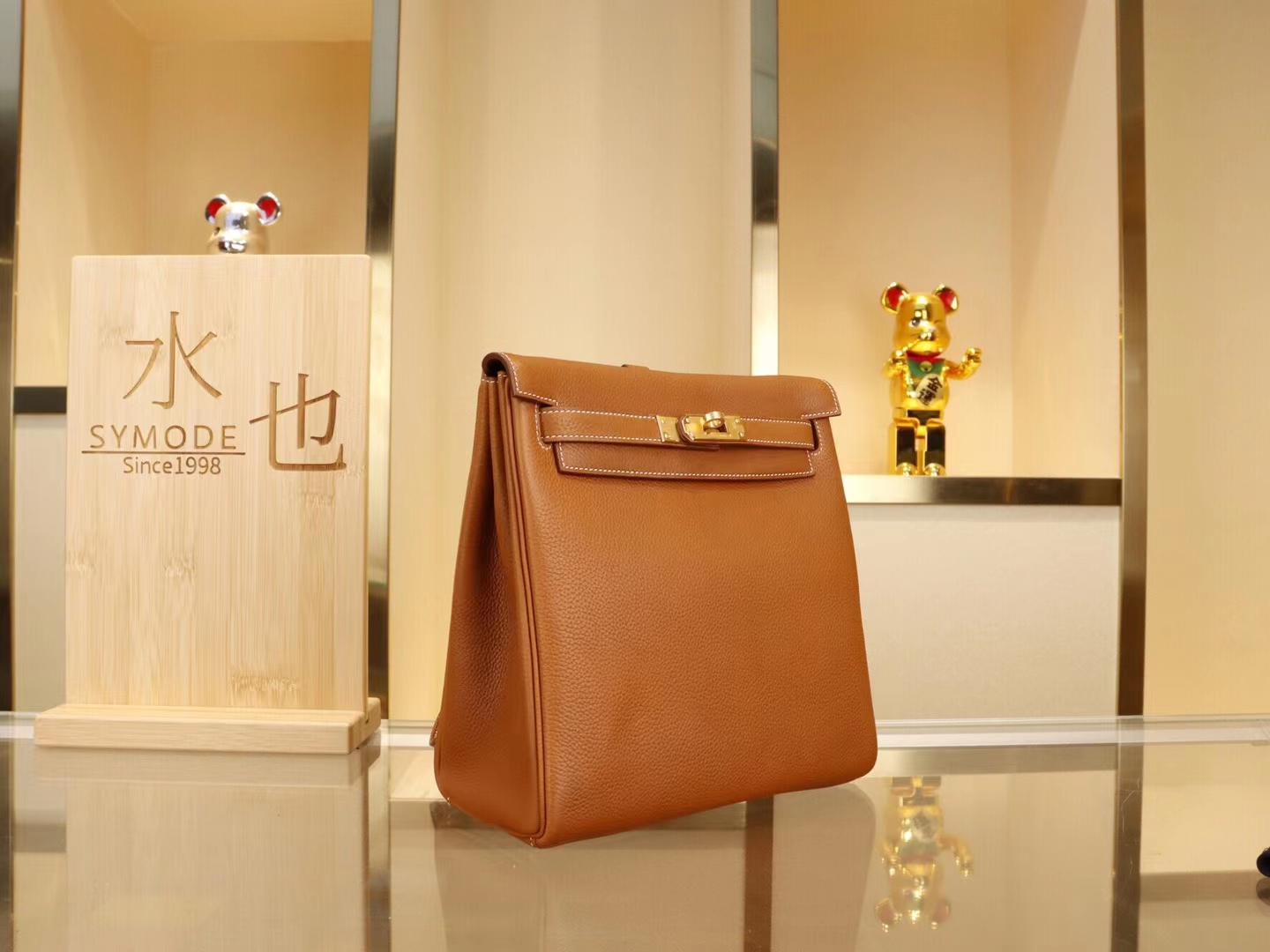 Hermes Kelly Ado 22CM 爱马仕棕色福宝马鞍皮双肩包后背包 金扣