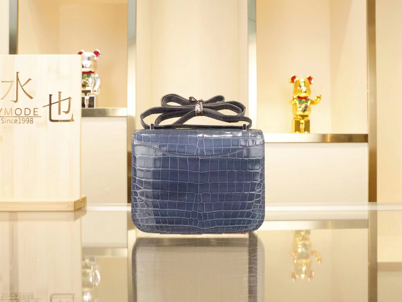 Hermes Constance Mini18 爱马仕N7风暴蓝亮面两点鳄鱼皮迷你康斯坦包