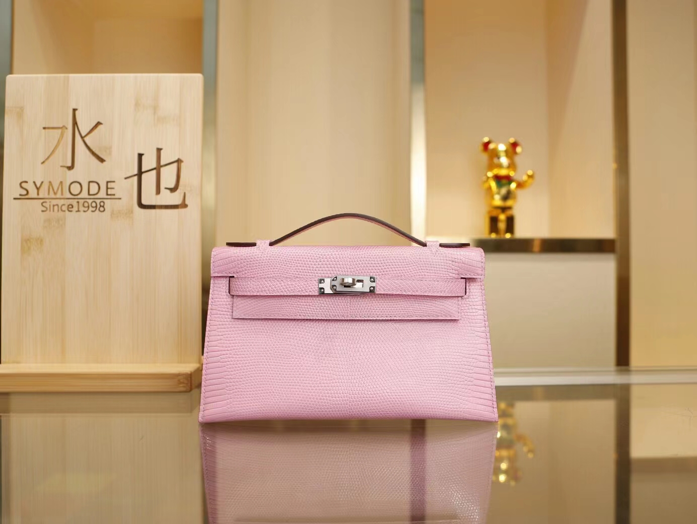 爱马仕一代迷你凯莉包蜥蜴皮 Hermes mini kelly pochette1代 22cm 5P樱花粉 银扣