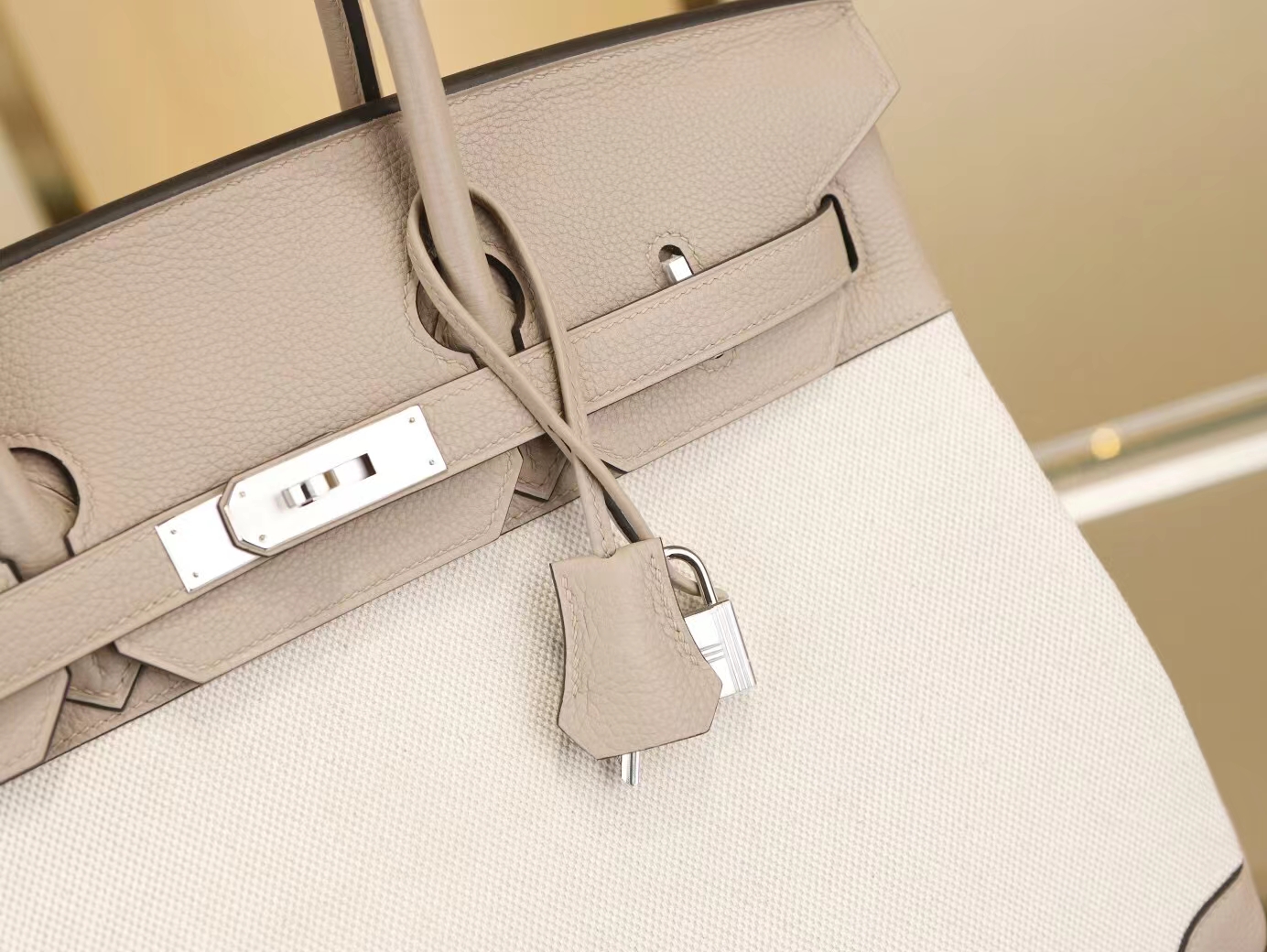 Hermes爱马仕新款帆布拼Togo皮斑鸠灰铂金包Birkin35CM 银扣