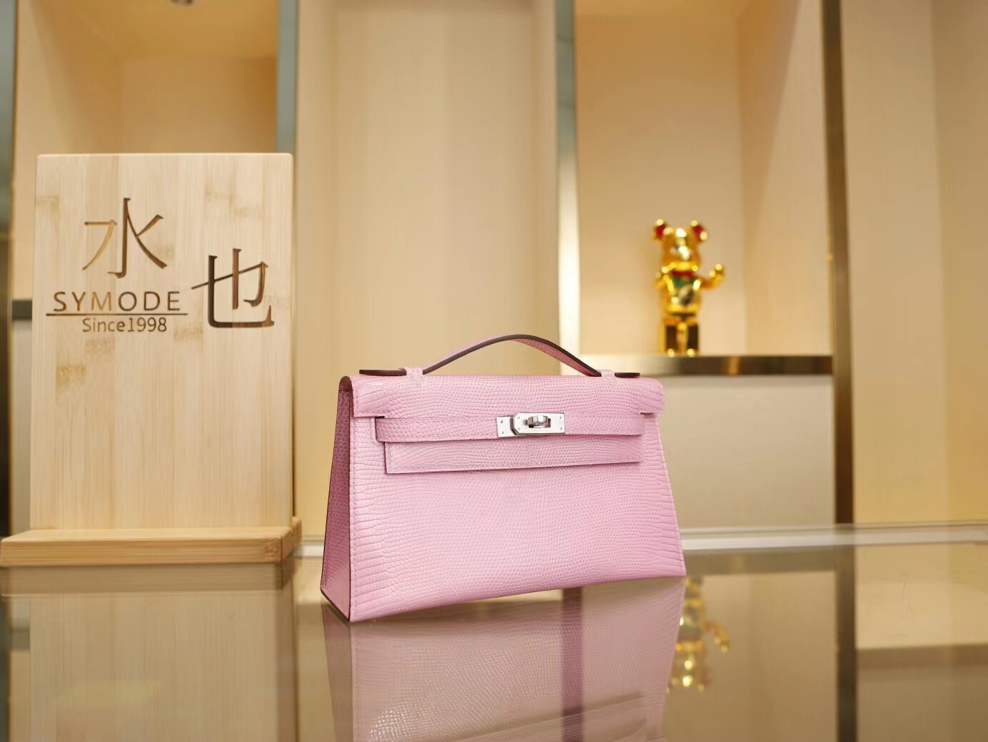 爱马仕一代迷你凯莉包蜥蜴皮 Hermes mini kelly pochette1代 22cm 5P樱花粉 银扣