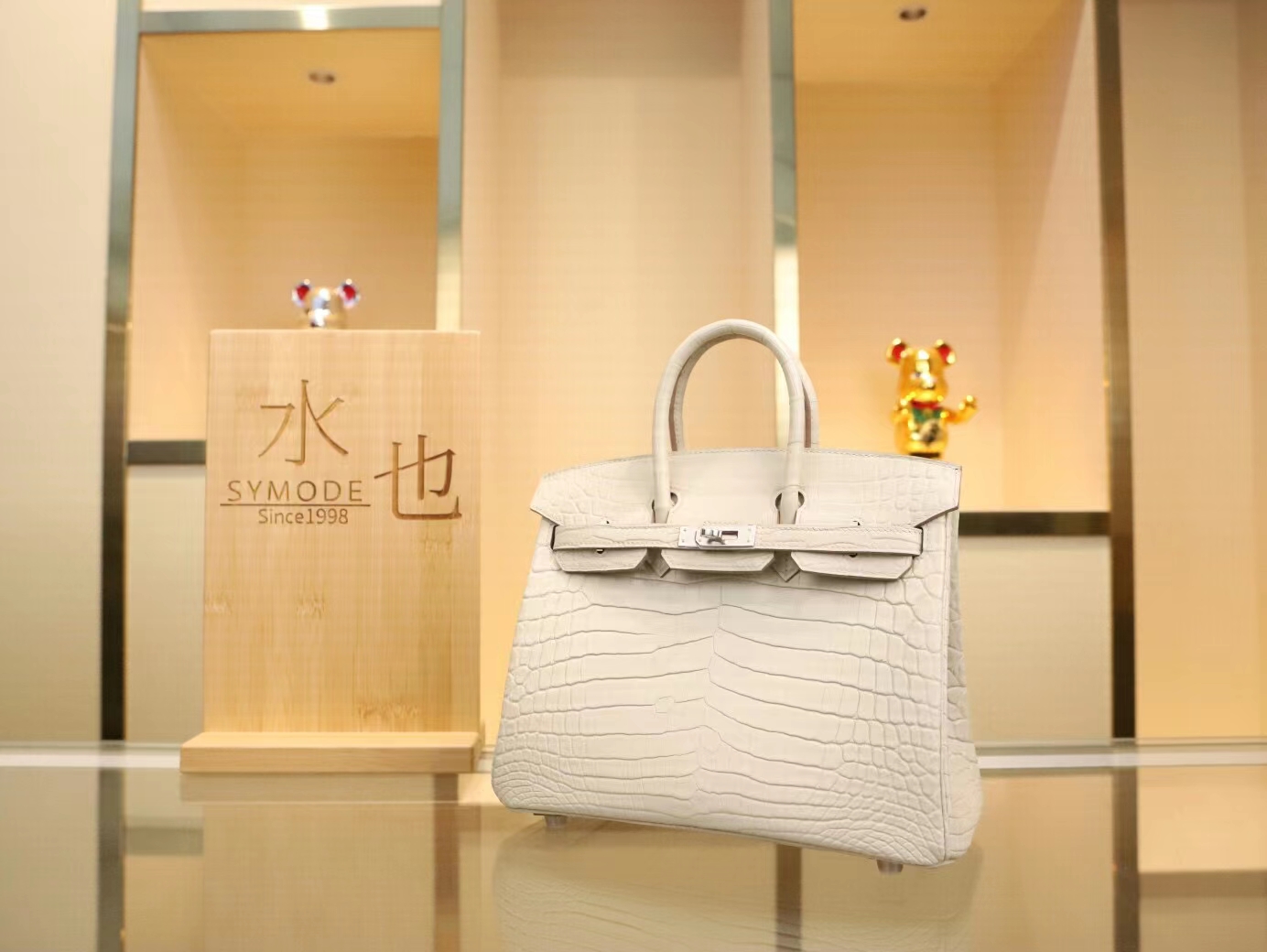 全手缝 Hermes爱马仕8L奶油白雾面两点鳄鱼皮铂金包Birkin25CM银扣
