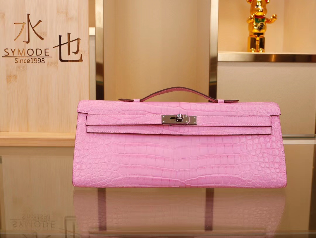 Hermes Kellycut31CM 爱马仕5P樱花粉雾面倒V鳄鱼凯莉长款手包 银扣