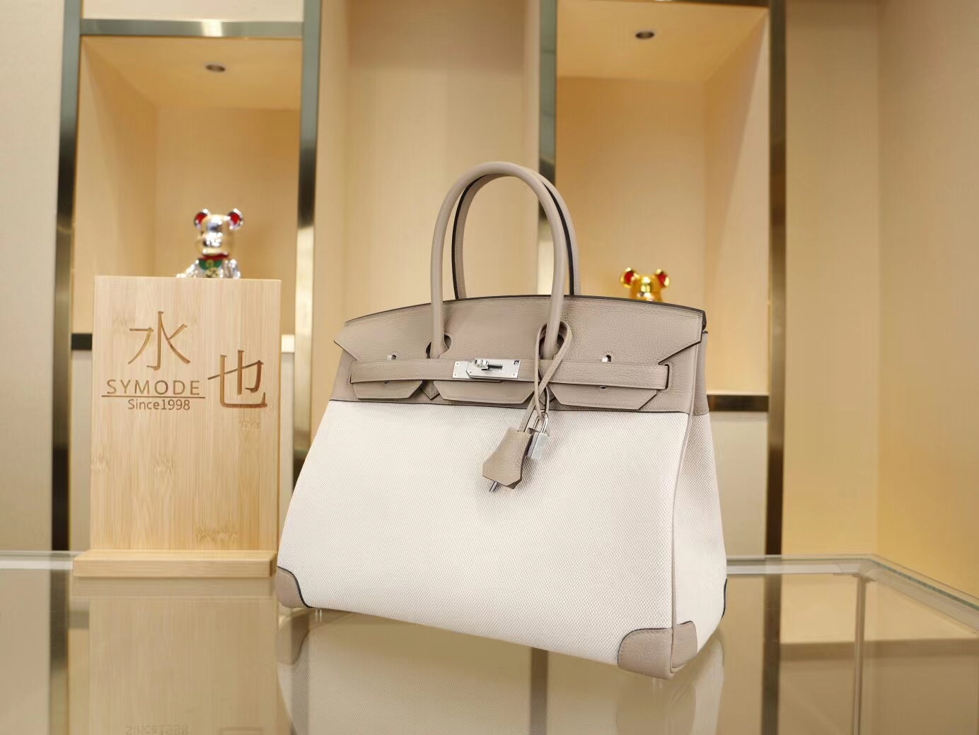 Hermes爱马仕新款帆布拼Togo皮斑鸠灰铂金包Birkin35CM 银扣