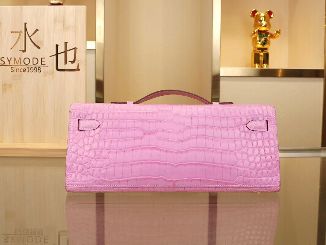 Hermes Kellycut31CM 爱马仕5P樱花粉雾面倒V鳄鱼凯莉长款手包 银扣