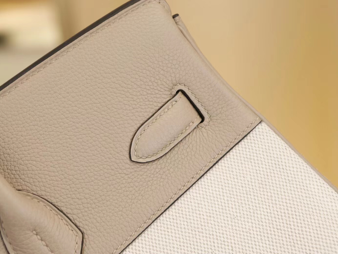 Hermes爱马仕新款帆布拼Togo皮斑鸠灰铂金包Birkin35CM 银扣