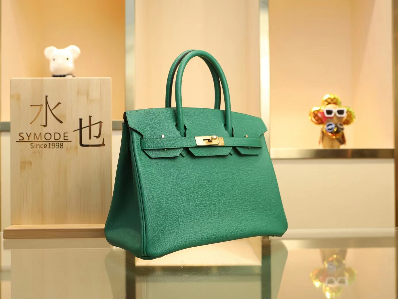 Hermes Birkin30CM 爱马仕u4丝绒绿epsom牛皮手提包铂金包 金扣