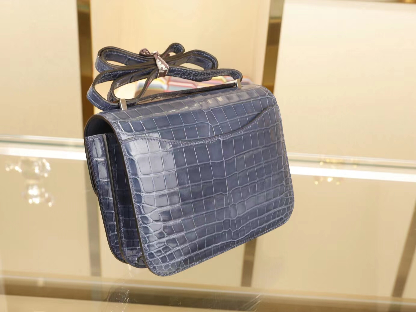 Hermes Constance Mini18 爱马仕N7风暴蓝亮面两点鳄鱼皮迷你康斯坦包