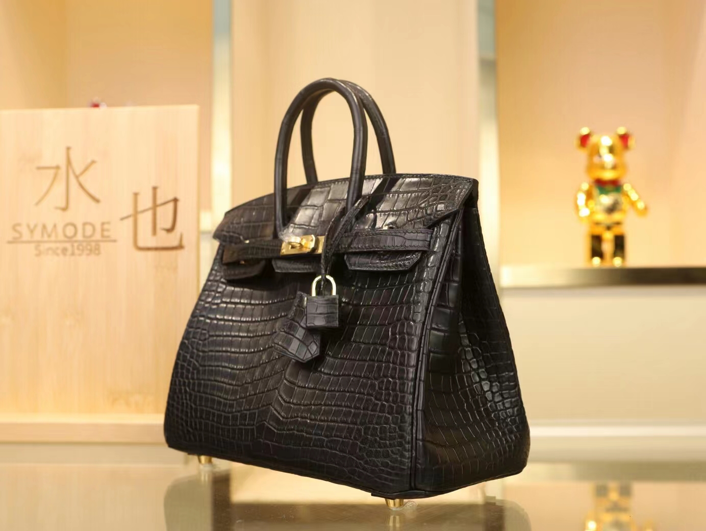 Hermes包包定制 爱马仕黑色雾面野生倒V鳄鱼皮金扣Birkin铂金包25CM