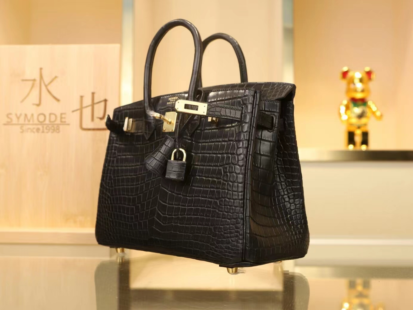 Hermes包包定制 爱马仕黑色雾面野生倒V鳄鱼皮金扣Birkin铂金包25CM