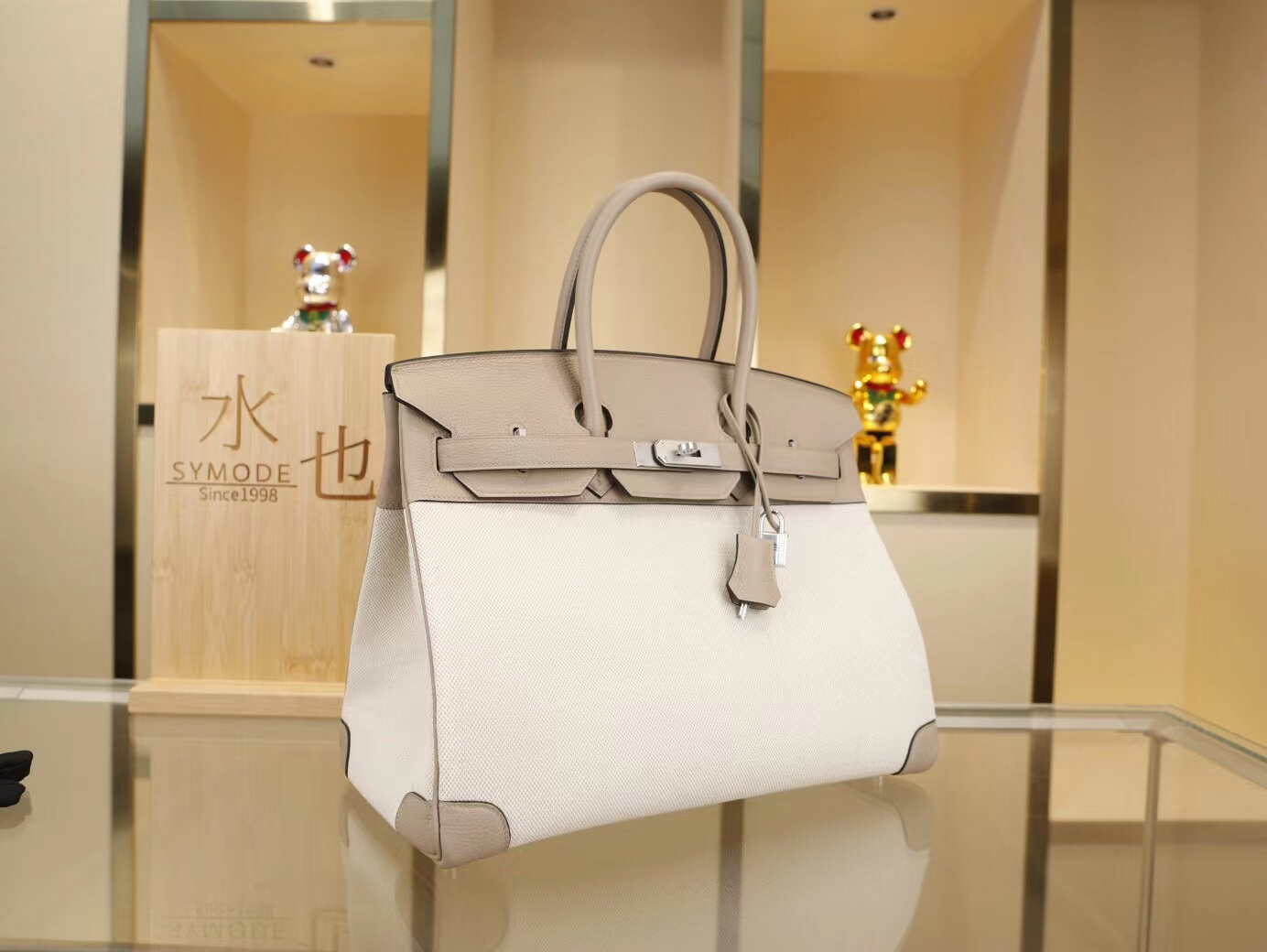 Hermes爱马仕新款帆布拼Togo皮斑鸠灰铂金包Birkin35CM 银扣