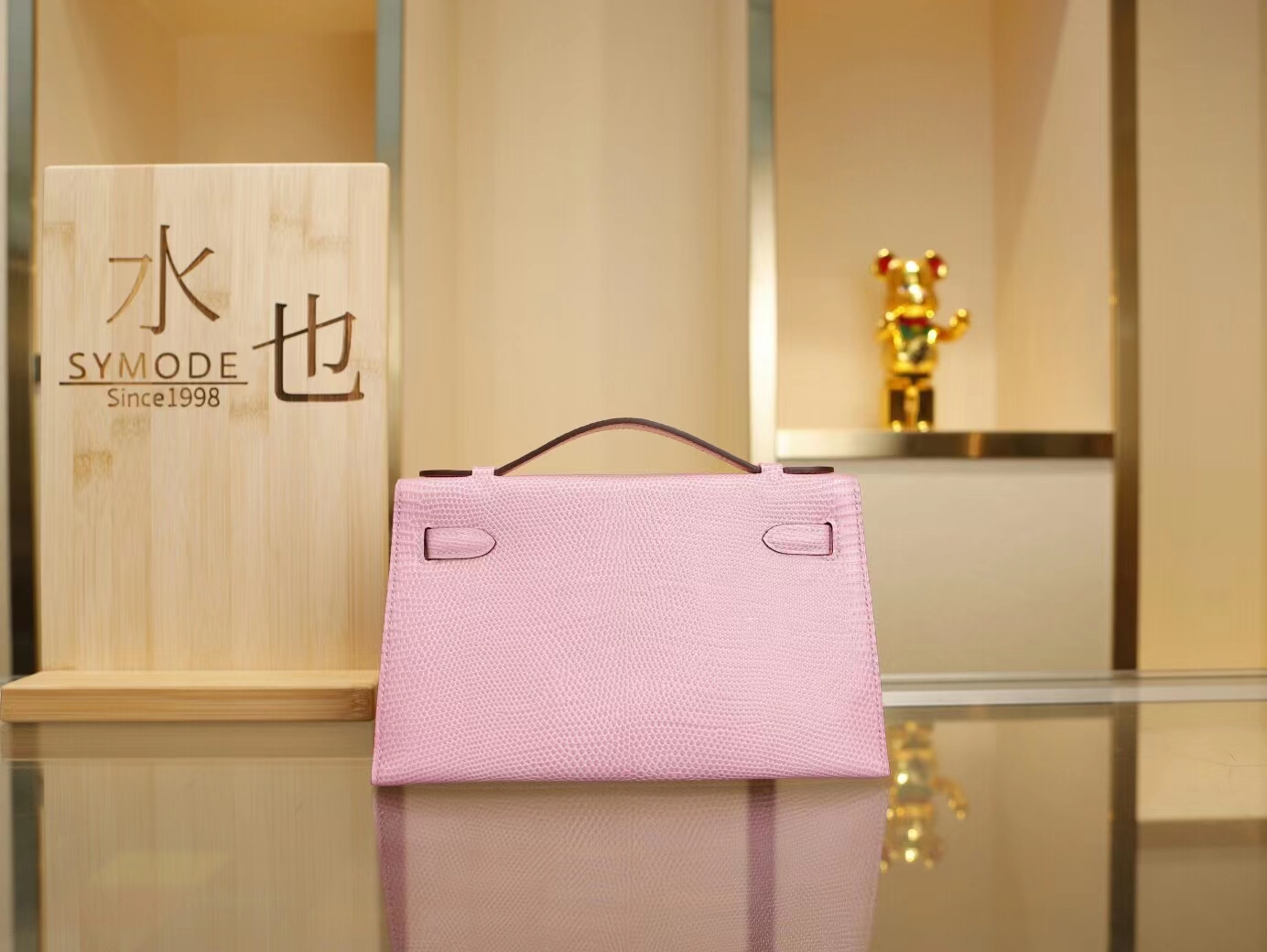爱马仕一代迷你凯莉包蜥蜴皮 Hermes mini kelly pochette1代 22cm 5P樱花粉 银扣