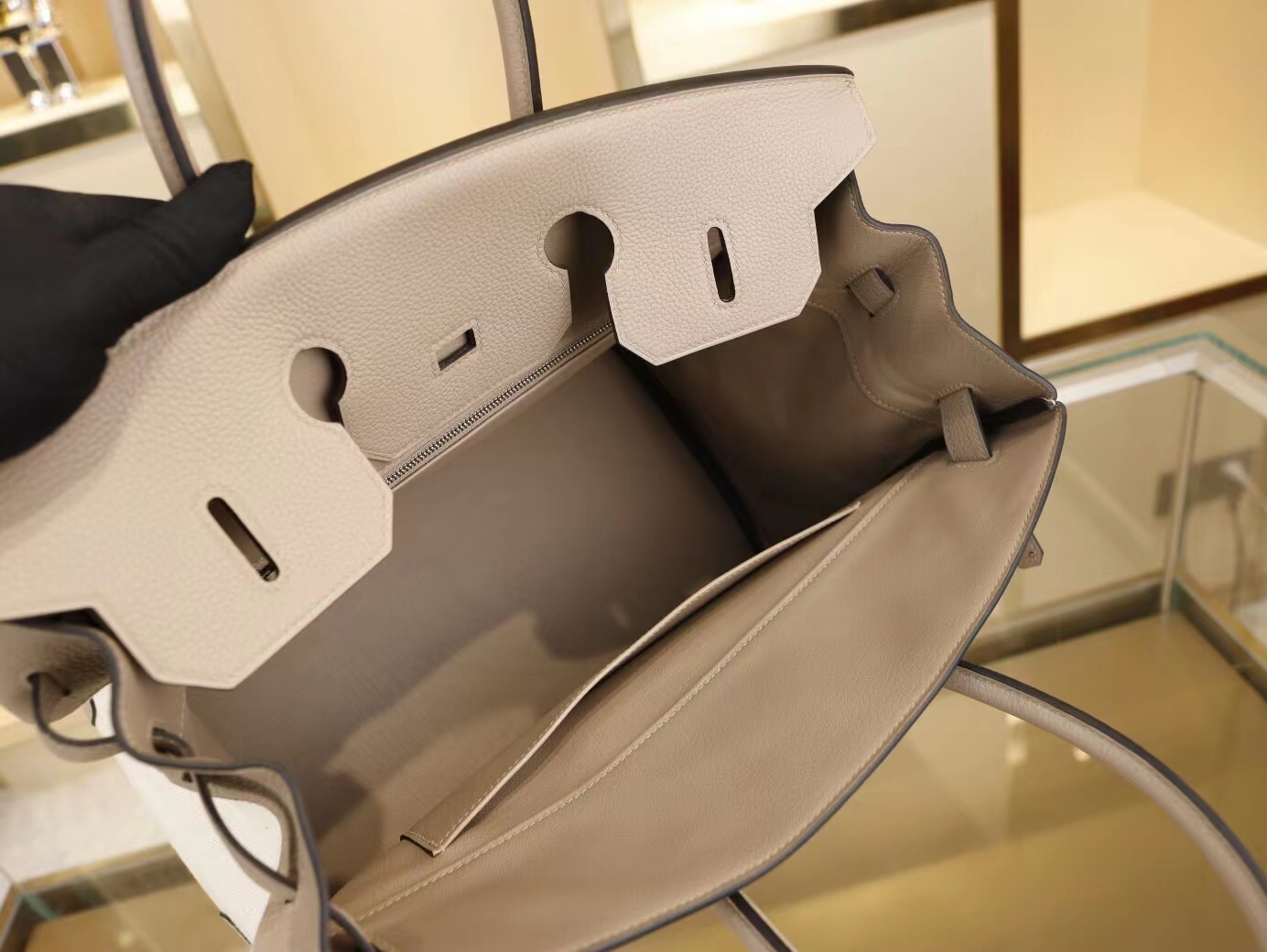 Hermes爱马仕新款帆布拼Togo皮斑鸠灰铂金包Birkin35CM 银扣