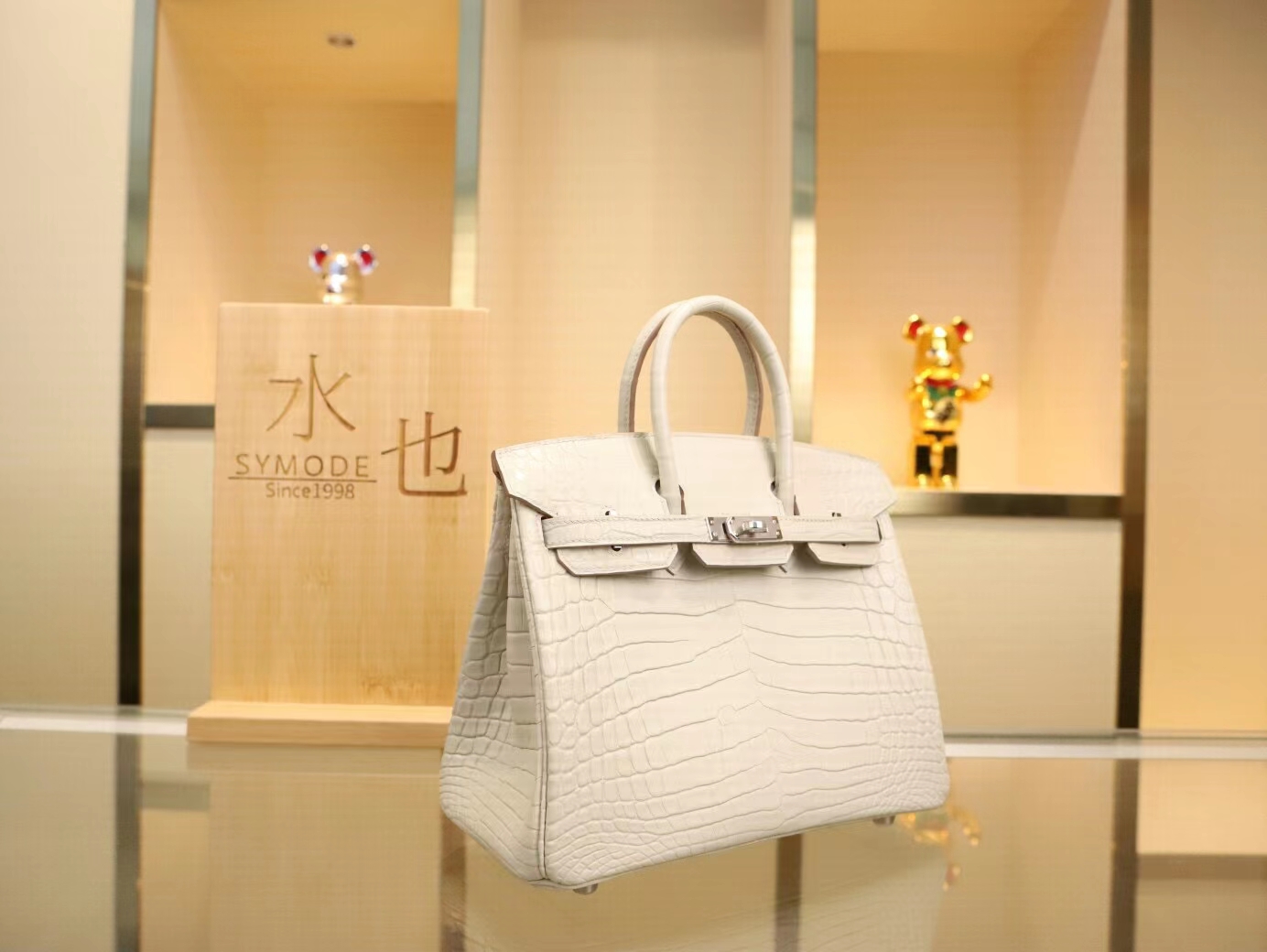全手缝 Hermes爱马仕8L奶油白雾面两点鳄鱼皮铂金包Birkin25CM银扣