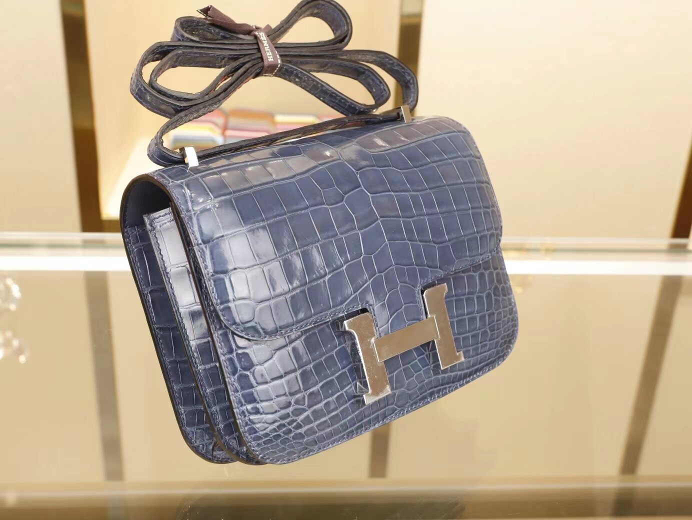 Hermes Constance Mini18 爱马仕N7风暴蓝亮面两点鳄鱼皮迷你康斯坦包