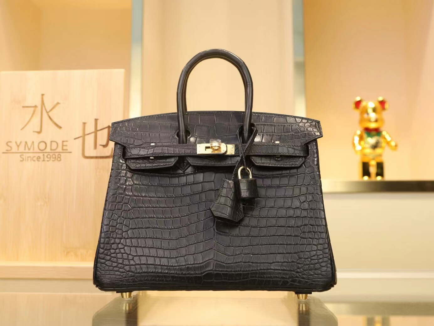 Hermes包包定制 爱马仕黑色雾面野生倒V鳄鱼皮金扣Birkin铂金包25CM