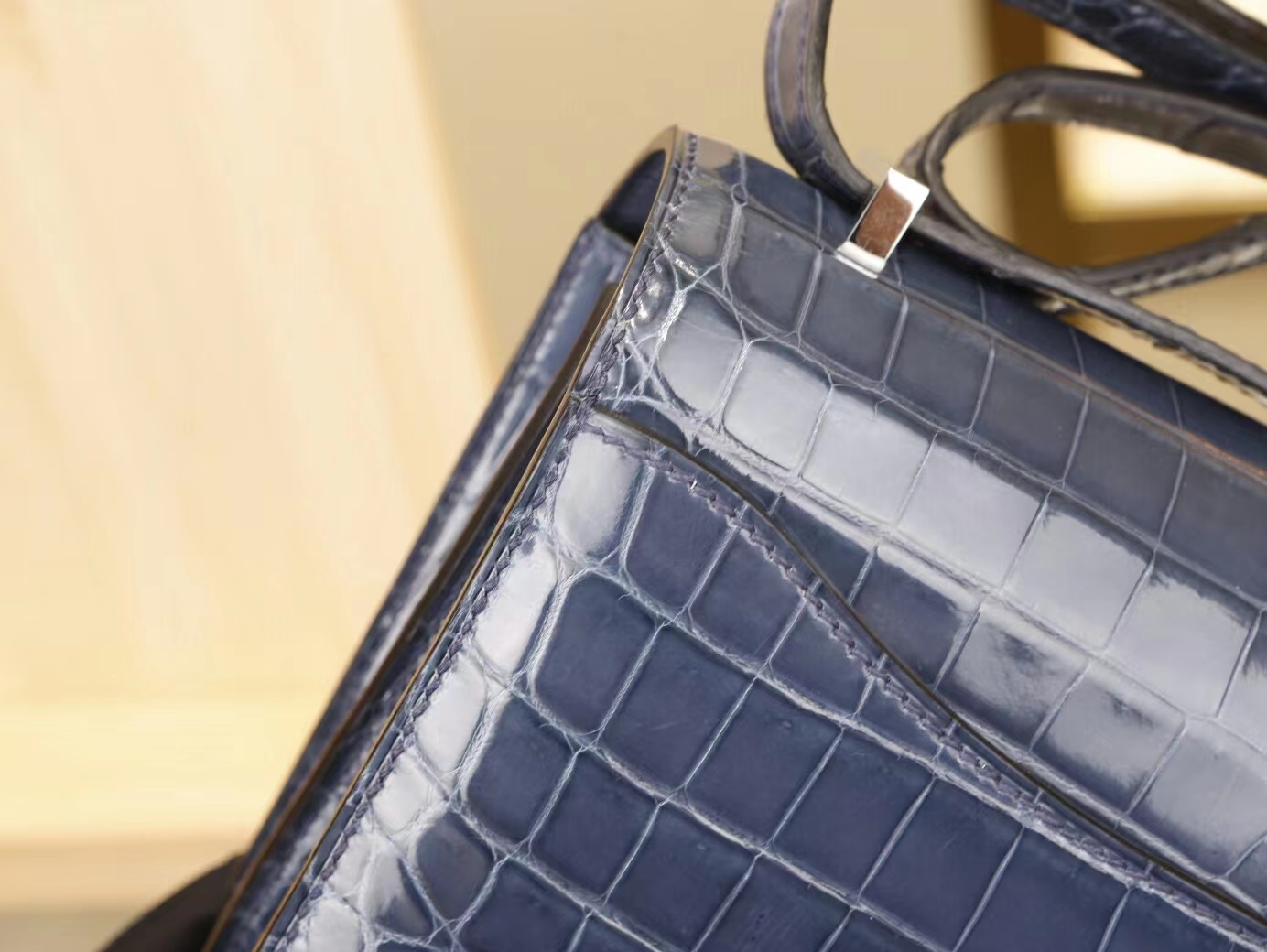 Hermes Constance Mini18 爱马仕N7风暴蓝亮面两点鳄鱼皮迷你康斯坦包