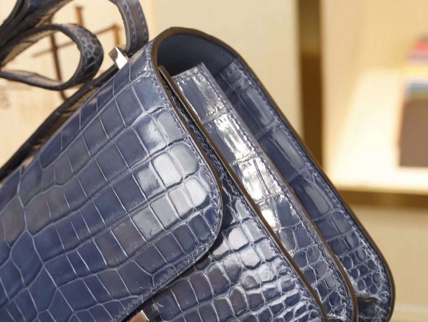 Hermes Constance Mini18 爱马仕N7风暴蓝亮面两点鳄鱼皮迷你康斯坦包