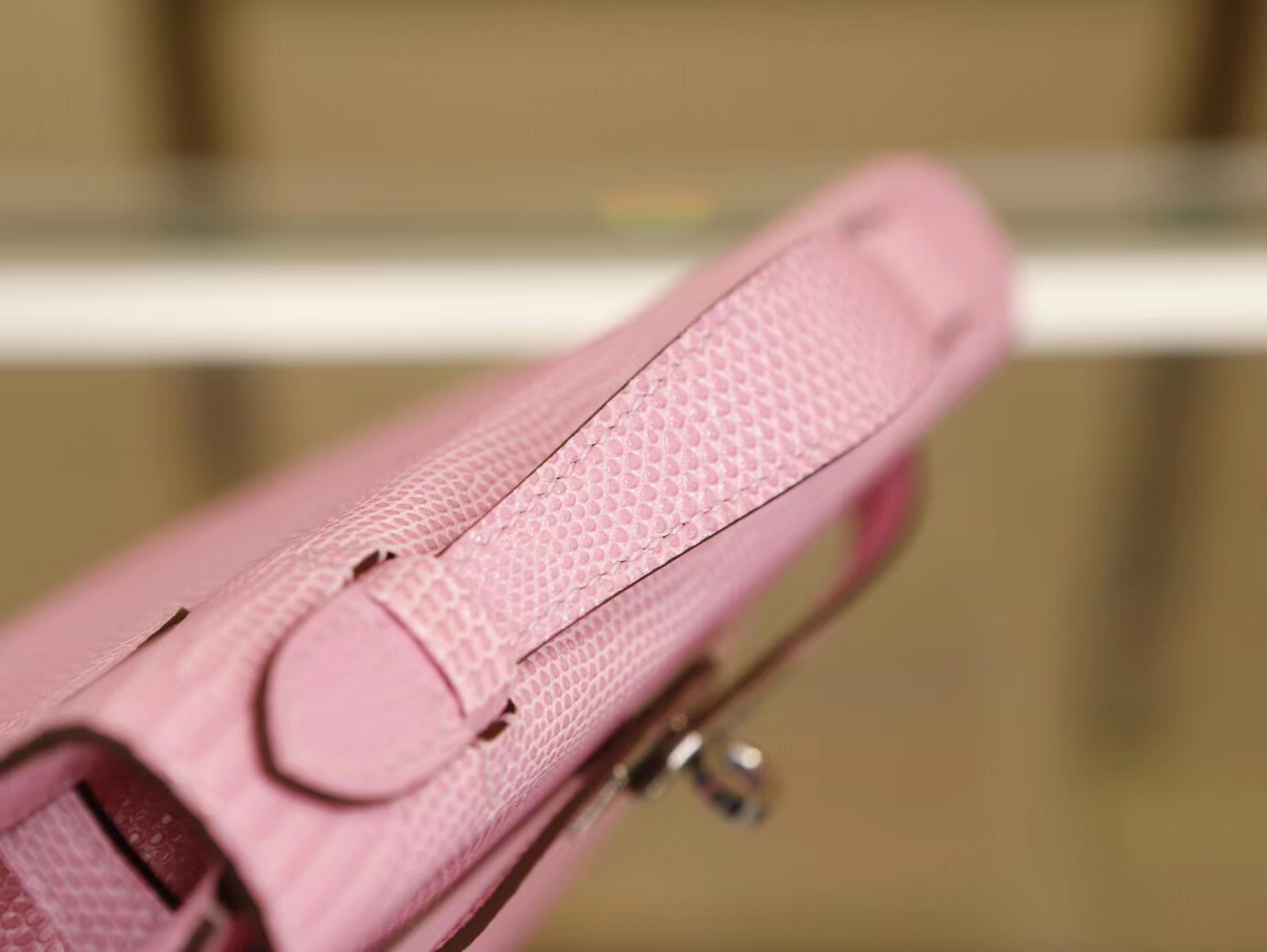 爱马仕一代迷你凯莉包蜥蜴皮 Hermes mini kelly pochette1代 22cm 5P樱花粉 银扣