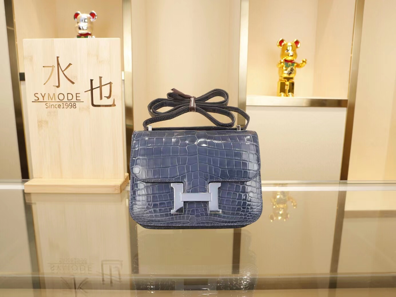 Hermes Constance Mini18 爱马仕N7风暴蓝亮面两点鳄鱼皮迷你康斯坦包