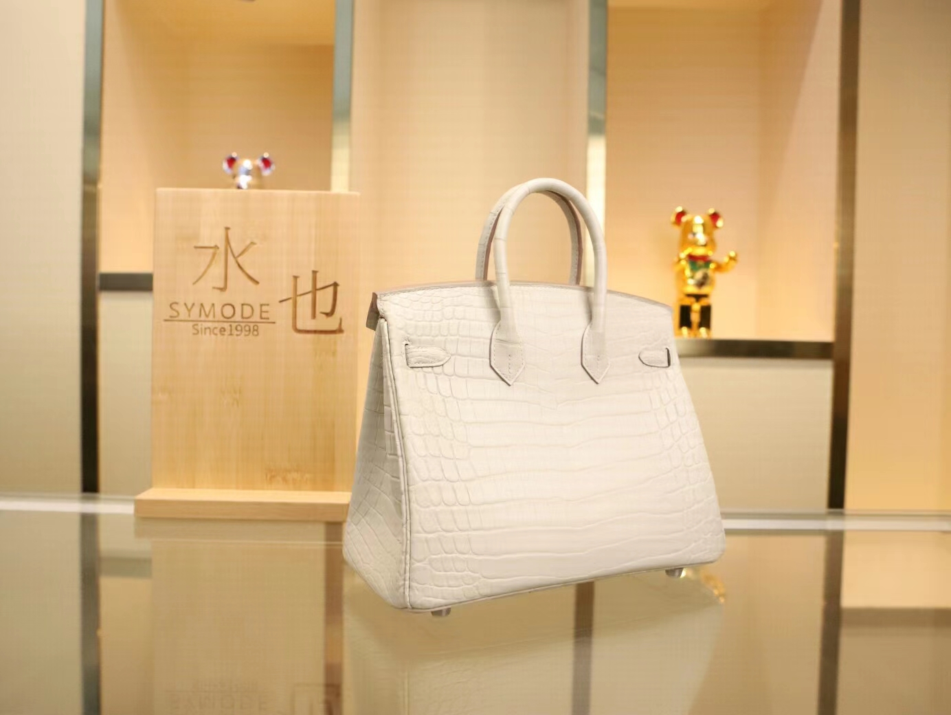 全手缝 Hermes爱马仕8L奶油白雾面两点鳄鱼皮铂金包Birkin25CM银扣