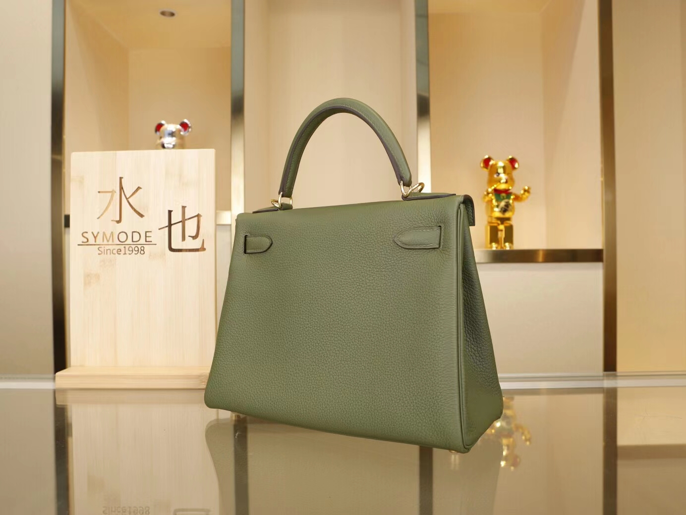 Hermes爱马仕V6军绿色canopeeTogo荔枝纹牛皮凯莉包Kelly28CM 金