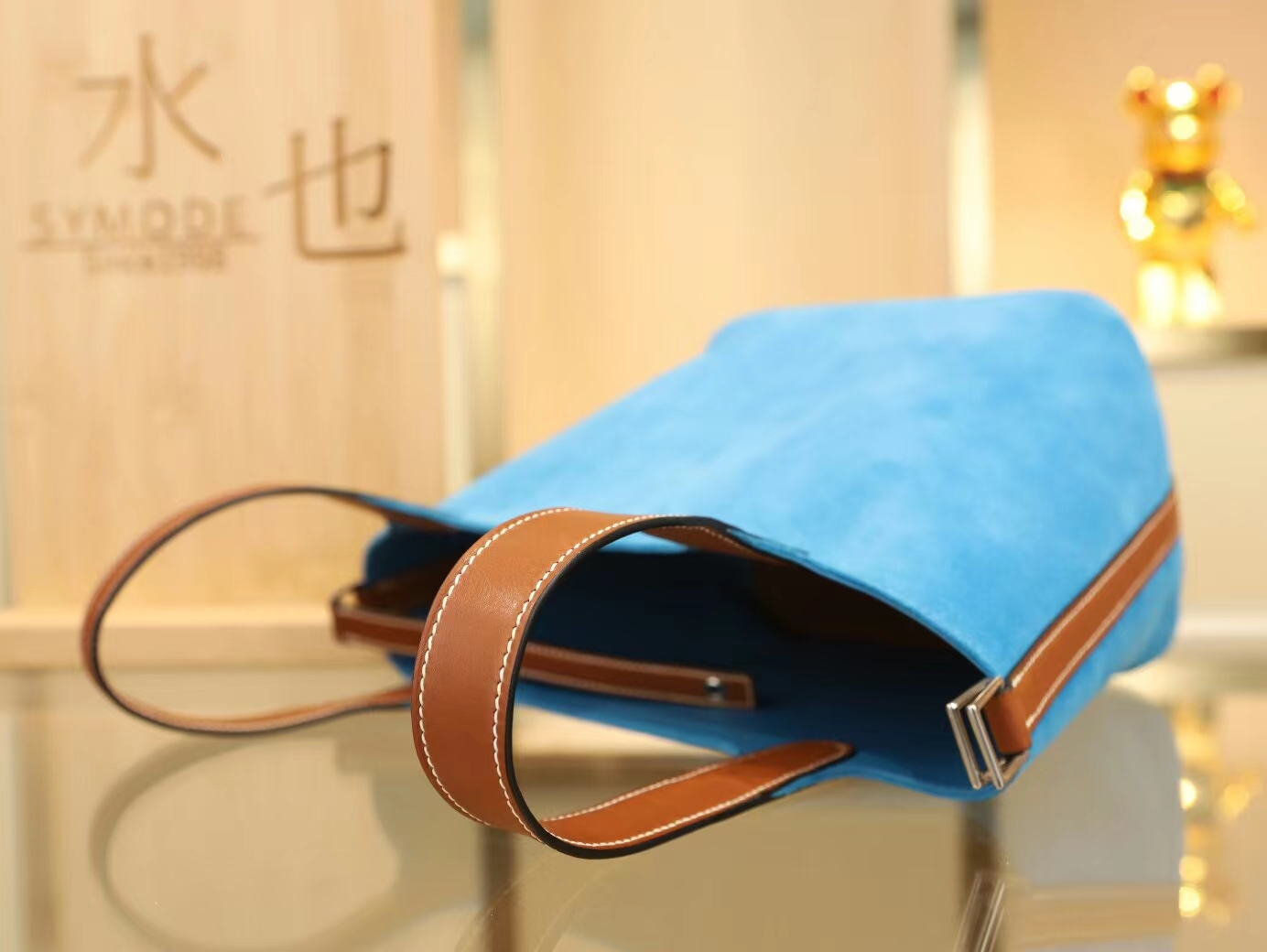 Hermes爱马仕3P Blue atoll环礁蓝麂皮拼金棕马鞍皮菜篮子Picotin Lock18/22CM