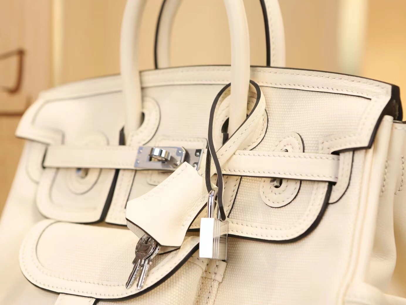 Hermes爱马仕帆布拼皮I2奶油白Nata铂金包Birkin Cargo25CM 银扣